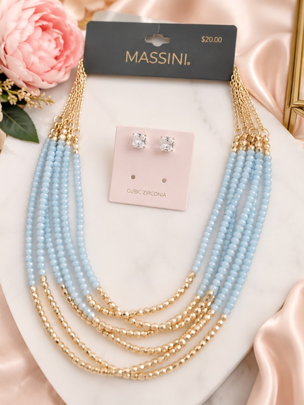 Massini Blue Multi-Strand Beaded Necklace + Cubic Zirconia Stud Earrings Bundle
